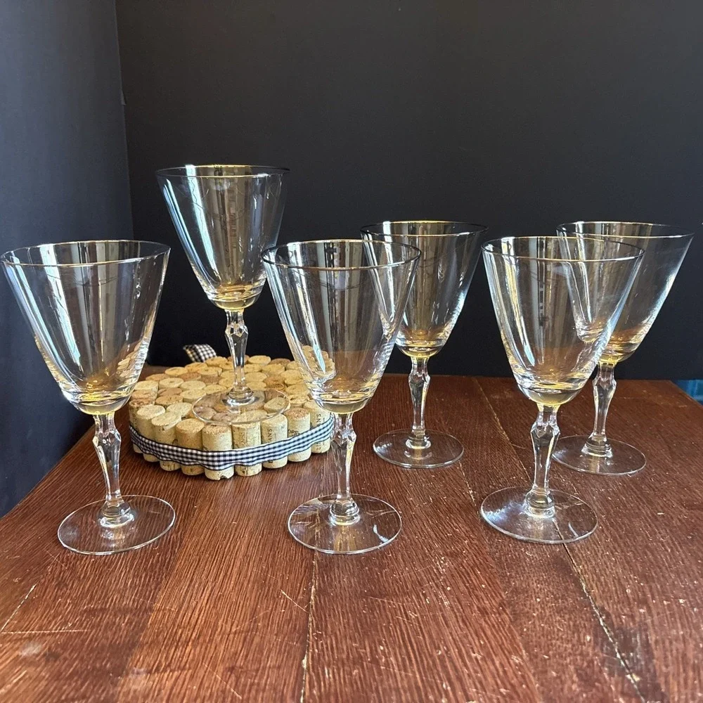 Set of 6 Vintage Fostoria‎ Crystal Water Goblets ENGAGEMENT Platinum Trim